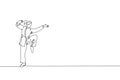 One continuous line drawing young wushu master woman, kung fu warrior in kimono pose stance balance on training. Martial art sport