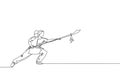 One continuous line drawing young wushu master woman, kung fu warrior in kimono with spear on training. Martial art sport contest Royalty Free Stock Photo