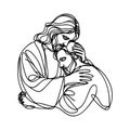 One continuous line draws Jesus hugging a sinner