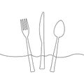 One continuous line illustration of fork, knife and spoon. Cutlery.