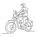 One continuous line of a man riding old motorcycle. Young male wearing helmet and rides a chopper motor on the street. Retro motor Royalty Free Stock Photo