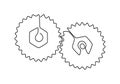 One continuous line of moving gears wheels. Round wheel metal symbol company logotype template for business teamwork concept.