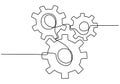 One continuous line of moving gears wheels. Three cogwheels connected. Symbol of teamwork, development. Round wheel metal symbol