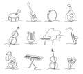 One continuous line musical instruments. Instrumental music, different concert sounds icons hand drawn vector Royalty Free Stock Photo