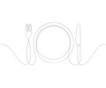 One continuous line plate, khife and fork. Vector illustration.