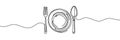 One continuous line plate, khife and fork. Vector illustration Royalty Free Stock Photo