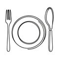 One continuous line plate, khife and fork. Vector illustration Royalty Free Stock Photo