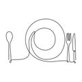 One continuous line plate, knife and fork. Vector illustration minimalist design