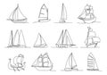 One continuous line sailing ship. Hand drawn different types of sailboat, ships and sailing yacht isolated vector Royalty Free Stock Photo