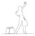 One continuous line style young shopping woman with bags stopping taxi