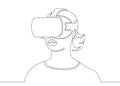 One continuous single drawn line art doodle girl in a helmet virtual reality