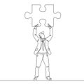 Line art doodle male businessman creative person holding puzzle Royalty Free Stock Photo