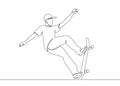 One continuous single drawn line, the guy skater, the character skates on a skateboard