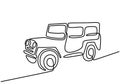 One continuous single hand drawn line of jeep wrangler car. Adventure off road rally vehicle transportation concept. A classical