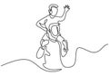 One continuous single line drawing of a daddy carries the child on the shoulders. Happy little child playing with his father