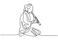 One continuous single line drawing of a man with Shakuhachi flute, traditional music of Japanese. A sitting man wearing Kimono is