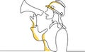 One continuous single line drawing of woman wearing hard hat holding megaphone. Energetic girl speaks excitedly into loudspeaker