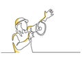 One continuous single line drawing of woman wearing hard hat holding megaphone. Energetic girl speaks excitedly into loudspeaker