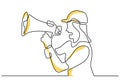 One continuous single line drawing of woman wearing hard hat holding megaphone. Energetic girl speaks excitedly into loudspeaker