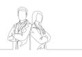 One continuous single line drawing of young couple male and female doctors pose standing together while crossing hand on chest Royalty Free Stock Photo