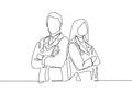 One continuous single line drawing of young couple male and female doctors pose standing together while crossing hand on chest. Royalty Free Stock Photo