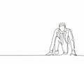 One continuous single line drawing of young happy businessman gets ready to doing sprint run on running track, from front view.