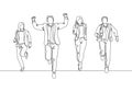 One continuous single line drawing of young happy male manager rise fist to the air after winning cross the finish line beating