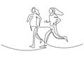 One continuous single line of two young girls jogging or running isolated on white background