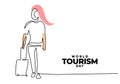 One continuous single line of world tourism day with girl vacation