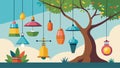 In one corner of the yard a colorful display of vintage light fixtures hangs from an old tree showcasing the potential