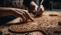 One craftsperson skillful hand carves a beautiful wooden pattern generated by AI