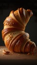 One croissant isolated on a black background. Breakfast, snacks or bakery