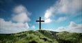 One cross on the hill with clouds moving on blue sky