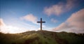 One cross on the hill with clouds moving on blue starry sky