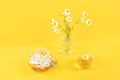 One cup of camomile tea, transparent teapot and vase with daisy-like flowers on yellow background. Chamomile Tea