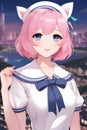 One cute anime girl with short pink hair and bear ears, wearing white sailor collar, city background, 8k, wallpaper, anime style