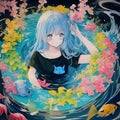 One cute anime girl in a water with fish amd flower, watercolor with splashes of pastels, anime style, wallpaper, t-shirt, fantasy
