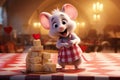 One cute little happy white mouse on kitchen table rejoices at gift of pieces of cheese with heart at top for celebration