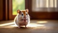 One cute little pet hamster on floor in room flooded with light. Concept of animal care. Close-up.