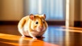 One cute little pet hamster on floor in room flooded with light. Concept of animal care. Copy space
