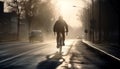 One cyclist speeds through city traffic, living a healthy lifestyle generated by AI