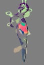 Dancing figure in stylized graphics and bright colors