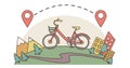 One-day bicycle ride from city outside countryside to mountains and forest along path. Walking sports bike from town to