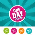 One day sale color banner and 10%, 20%, 30% & 40% Off Marks. Vector illustration. Royalty Free Stock Photo