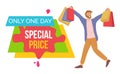 One day special price announcement. Young fashion shopper guy picks up multi-colored packages