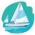 One-decked boat with sails vector illustration isolated on blue