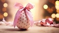One decorated Easter egg with a pink bow. Happy Easter text. Simple panoramic Easter card design Royalty Free Stock Photo