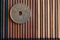 Denmark coin denomination is two krone (crown) lie on wooden bamboo table, good for background or postcard - back side Royalty Free Stock Photo