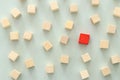 One different red cube block among wooden blocks. Individuality, leadership and uniqueness concept. Royalty Free Stock Photo