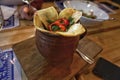 One of the dishes of traditional Georgian cuisine in a clay pot.